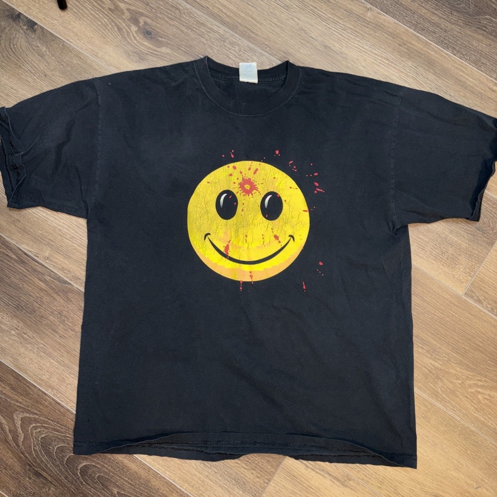 UNISEX BLACK Vintage Smiley Face Bullet Hole GUN SHOW HUMOR T Shirt Size Xl
